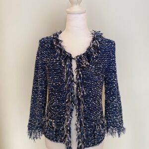 Olsen Europe Textured Fringe Jacket | Women’s Size S Blue Open Front Blazer